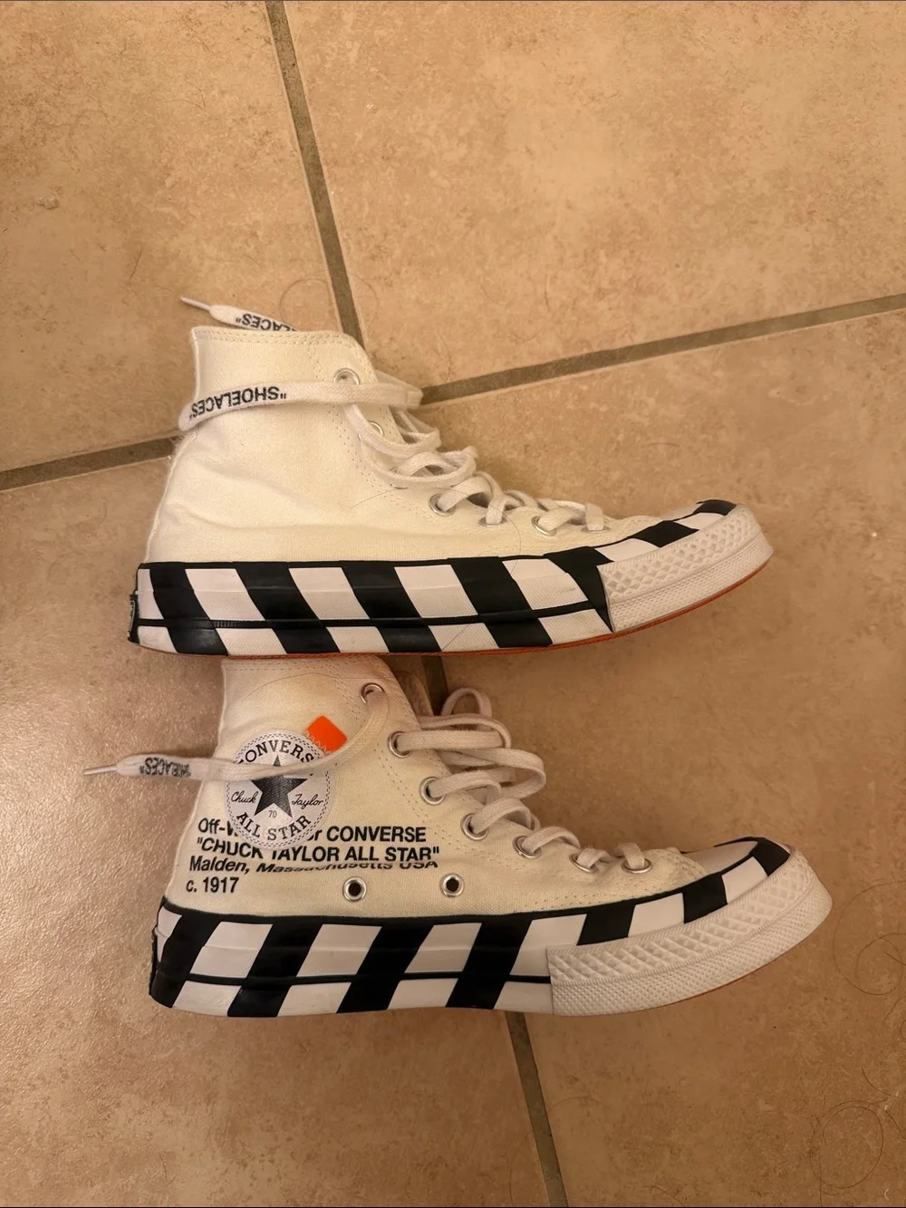 Off-White x Converse High-Top Sneakers in White with Black and Orange Accents